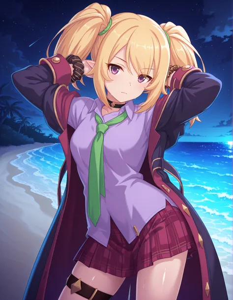 chloePCR, blonde hair, shirt, long sleeves,twintails, purple eyes, sidelocks, pleated skirt, open clothes, pointy ears, collared shirt, miniskirt, off shoulder, thigh strap, red skirt, black choker, plaid skirt, purple shirt,black coat, wrist scrunchie, gr...