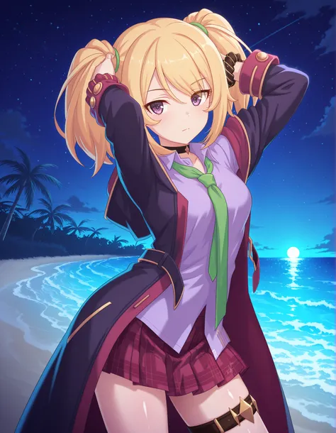 chloePCR, blonde hair, shirt, long sleeves,twintails, purple eyes, sidelocks, pleated skirt, open clothes, pointy ears, collared shirt, miniskirt, off shoulder, thigh strap, red skirt, black choker, plaid skirt, purple shirt,black coat, wrist scrunchie, gr...