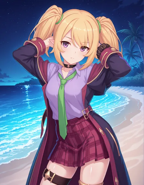 chloePCR, blonde hair, shirt, long sleeves,twintails, purple eyes, sidelocks, pleated skirt, open clothes, pointy ears, collared shirt, miniskirt, off shoulder, thigh strap, red skirt, black choker, plaid skirt, purple shirt,black coat, wrist scrunchie, gr...