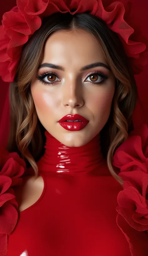full body portrait including legs and feet, red lip gloss, thick black eyeliner flicks, mascara, face close up, beautiful brown hair, red latex rubber wedding dress with ruffles and latex veil, huge oily tits, bright red lips with shiny lip gloss