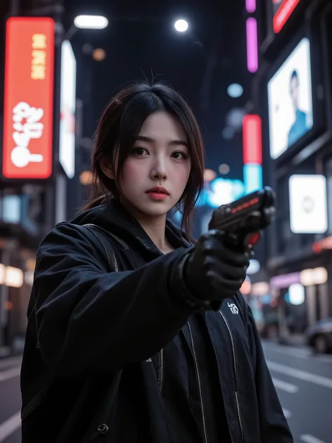 Future Female Warrior , Japanese, dark haired, cybersuit, cleavage, I'm holding a big gun, High Quality, photorealistic, 4K Rendering, Detailed Details, Vivid Colors, bokeh, science-based rendering holding a large electron gun, Craftsmanship, masterpiece, ...