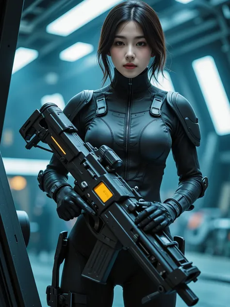 Future Female Warrior , Japanese, dark haired, cybersuit, cleavage, I'm holding a big gun, High Quality, photorealistic, 4K Rendering, Detailed Details, Vivid Colors, bokeh, science-based rendering holding a large electron gun, Craftsmanship, masterpiece, ...