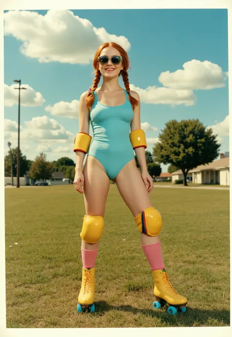 Ultra-realistic cinematic portrait of a cheerful red-haired woman in vibrant retro roller skating attire, captured in a fun standing pose. She stands confidently on a grassy lawn with legs slightly apart, one arm raised in the air in a playful gesture, whi...