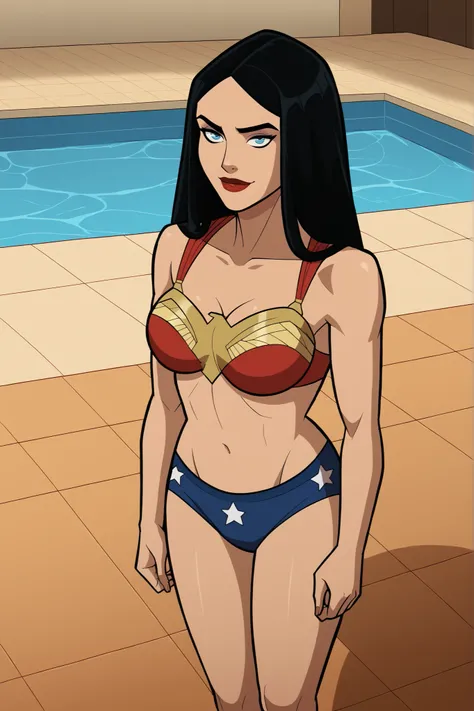 safe_pos, score_9, score_8_up, score_7_up, score_6_up, BREAK, solo, 1girl, wonderwoman, long hair, black hair, blue eyes, large breasts, cleavage, curvy, athletic, smile, bedroom eyes, sultry expression, looking at viewer, wide hips, lipstick, makeup, red ...