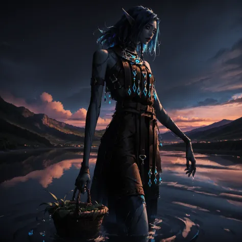 artist: wlop, masterpiece, best quality, illustration,( a beautiful woman with pale blue skin and elf ears ), midnight blue hair, medium length hair, aquamarine eyes, detailed face, wearing a animal leather clothing, tribal clothing, warm water tribe cloth...