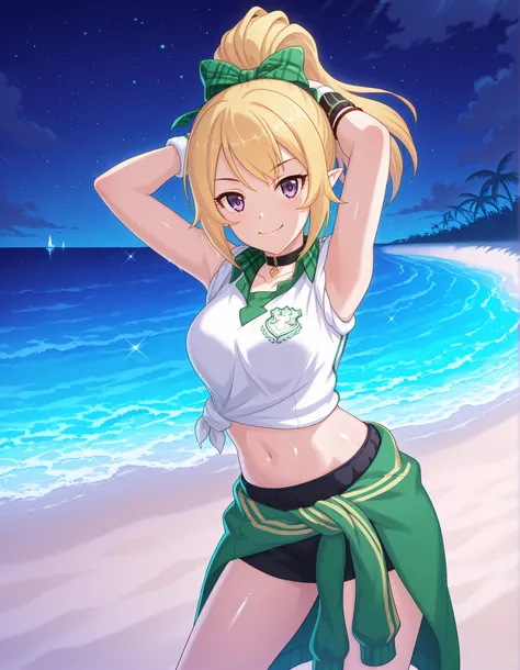 chloefesPCR, long hair, blonde hair, navel, bare shoulders, purple eyes, collarbone, jacket, white shirt, ponytail, hair bow, sleeveless, pointy ears, midriff, collared shirt, plaid, short shorts, sleeveless shirt, black choker, black shorts, high ponytail...