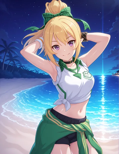 chloefesPCR, long hair, blonde hair, navel, bare shoulders, purple eyes, collarbone, jacket, white shirt, ponytail, hair bow, sleeveless, pointy ears, midriff, collared shirt, plaid, short shorts, sleeveless shirt, black choker, black shorts, high ponytail...