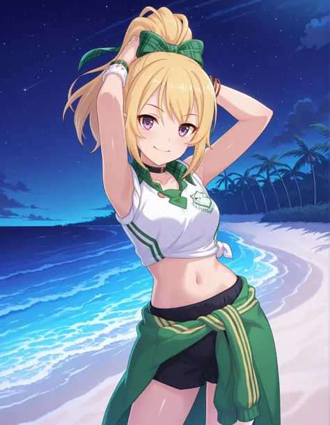 chloefesPCR, long hair, blonde hair, navel, bare shoulders, purple eyes, collarbone, jacket, white shirt, ponytail, hair bow, sleeveless, pointy ears, midriff, collared shirt, plaid, short shorts, sleeveless shirt, black choker, black shorts, high ponytail...