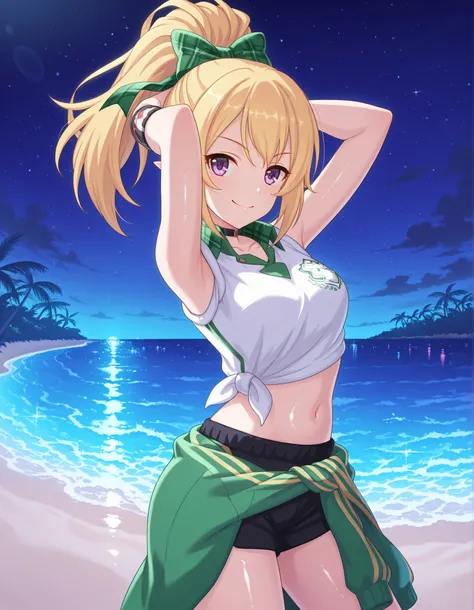 chloefesPCR, long hair, blonde hair, navel, bare shoulders, purple eyes, collarbone, jacket, white shirt, ponytail, hair bow, sleeveless, pointy ears, midriff, collared shirt, plaid, short shorts, sleeveless shirt, black choker, black shorts, high ponytail...