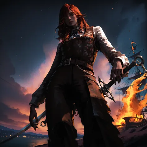artist: wlop, masterpiece, best quality, illustration,( a woman with pale skin and freckles), brown red hair, wavy medium length hair, green eyes, detailed face, wearing pirate clothing, brown leather pants, simple cream dress shirt, patterned leather vest...