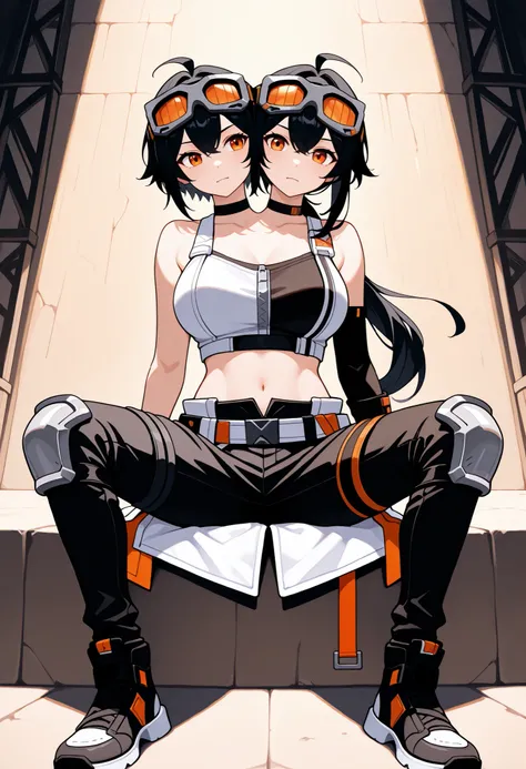 conjoined, 2girls, 2heads, two heads, a tall thin girls with 2 heads, grace, orange eyes, black hair, short hair, long hair, low ponytail, ahoge, goggles on head, choker, crop top, midriff, sleeveless, elbow gloves, asymmetrical gloves, fingerless gloves, ...