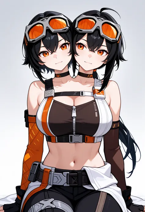 conjoined, 2girls, 2heads, two heads, a tall thin girls with 2 heads, grace, orange eyes, black hair, short hair, long hair, low ponytail, ahoge, goggles on head, choker, crop top, midriff, sleeveless, elbow gloves, asymmetrical gloves, fingerless gloves, ...
