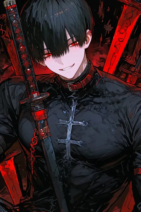 
manga-shaped boy with black hair, red eyes, black clothes with the word cat_biel written on them, 2 katanas with red iron blades and a mischievous smile