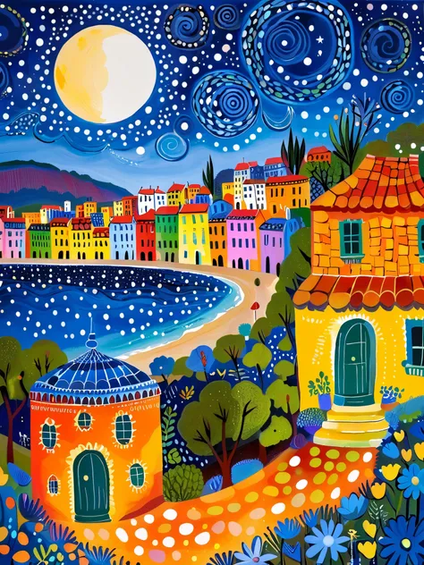 painting depicting a night view of the city and full moon , author:by Camille Bombois, author Jean Hey, Paul Signac (Paul Signac) Inspiration, 受到莫里斯·丹尼斯Inspiration, Inspired by Michel Delacroix, Starry Night, inspired author:by Camille Bombois, 在Starry...