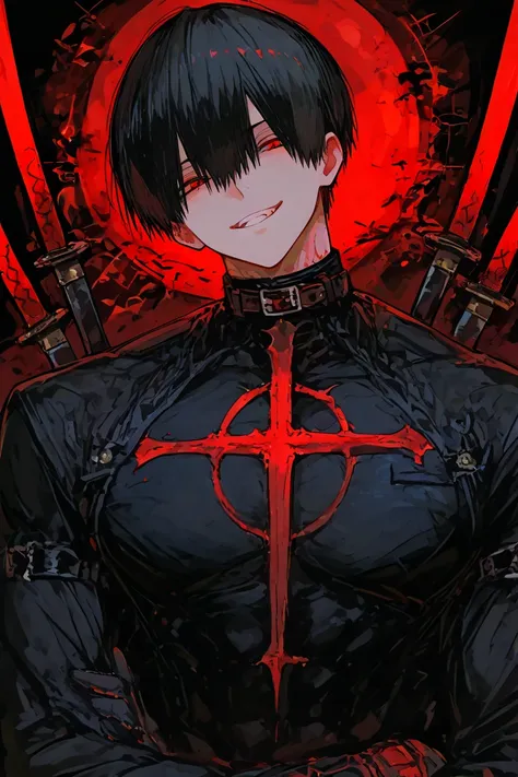 
manga-shaped boy with black hair, red eyes, black clothes with the word cat_biel written on them, 2 katanas with red iron blades and a mischievous smile