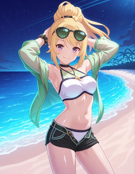 chloewinterPCR, long hair,blonde hair, hair ornament, navel, bare shoulders, purple eyes, jacket, swimsuit, ponytail, sidelocks, bikini, thighs, open clothes, pointy ears, midriff, off shoulder, stomach, open jacket, short shorts, halterneck, black choker,...