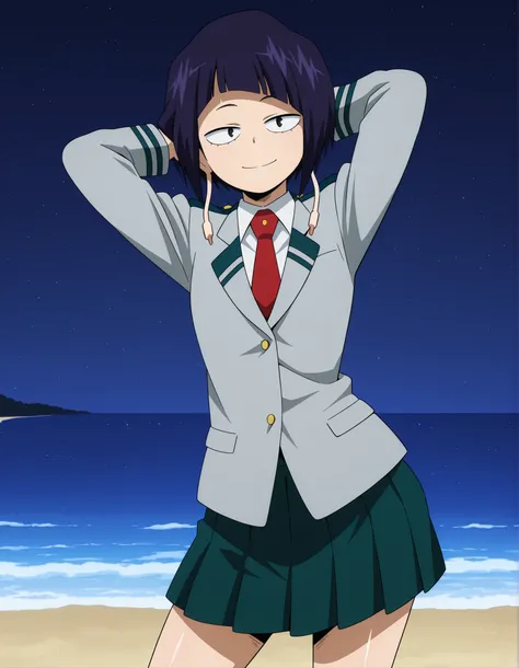 illujiro, short hair, bangs, long earlobes, purple hair, black hair, black eyes,
u.a. school uniform, red necktie, jacket, pleated skirt, anime screencap, shiny skin, high quality, solo, night sky, beach, hands behind head, ((contrapposto)), closed mouth, ...