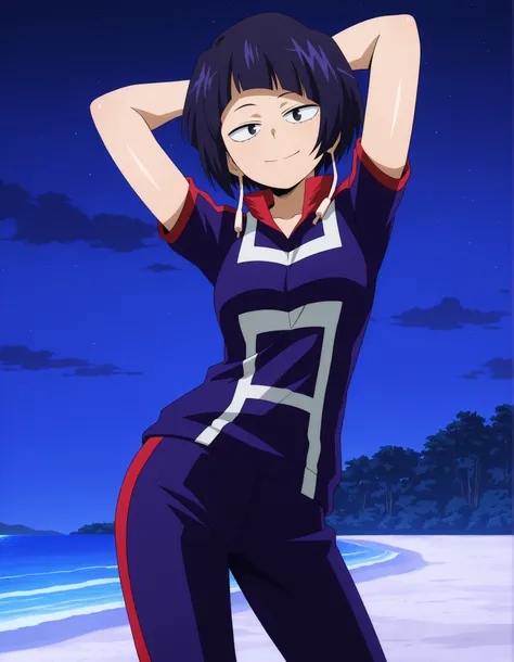 illujiro, short hair, bangs, long earlobes, purple hair, black hair, black eyes,
(u.a. gym uniform:1.5), short sleeves, pants, anime screencap, shiny skin, high quality, solo, night sky, beach, arms behind head, ((contrapposto)), closed mouth, cowboy shot,...