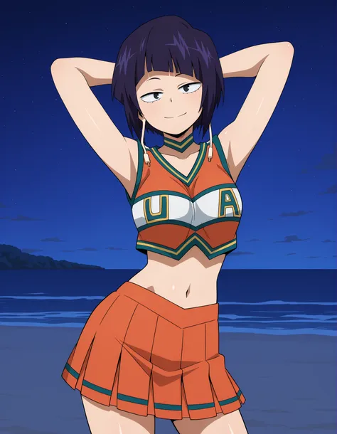 illujiro, short hair, bangs, long earlobes, purple hair, black hair, black eyes,
u.a. cheerleader uniform, orange crop top, orange pleated skirt, orange choker, midriff, anime screencap, shiny skin, high quality, solo, night sky, beach, arms behind head, (...