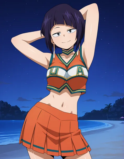 illujiro, short hair, bangs, long earlobes, purple hair, black hair, black eyes,
u.a. cheerleader uniform, orange crop top, orange pleated skirt, orange choker, midriff, anime screencap, shiny skin, high quality, solo, night sky, beach, arms behind head, (...
