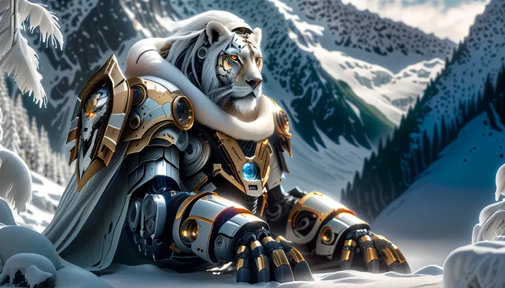 Girl in robotic armor sits on a lion with robotic armor in an ice forest, rosto detalhado, expression of determination,  epic scene, icy environment, neve caindo, luz do luar, efeitos de brilho, fantastic scenery, pintura digital, estilo conceitual, altame...