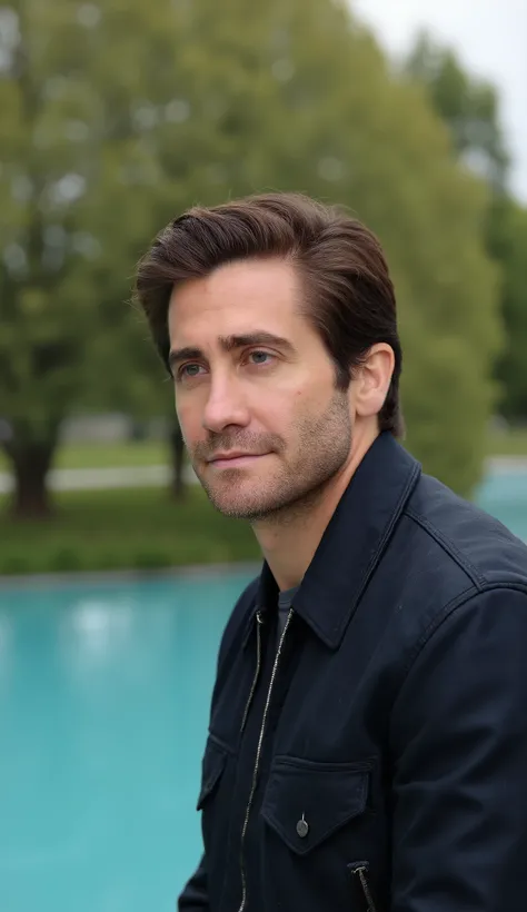 Make Jake Gyllenhaal hyper-realistic in blue and black in a hyper-realistic hotel background, upper body, em 8k em um parque hiper realista com uma arvore de fundo e lago com agua azul claro e brilhante upper body em 8k
