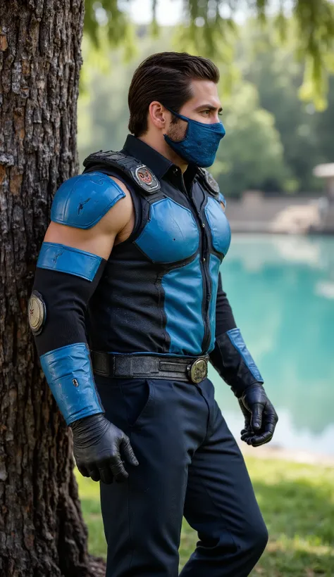 Make Jake Gyllenhaal from hyper-realistic sub-zero from Mortal Kombat in blue and black with his blue adamantium metal mask in a hyper-realistic background hotel, upper body, em 8k em um parque hiper realista com uma arvore de fundo e lago com agua azul cl...