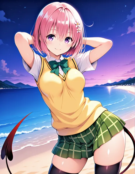 aamomo, short hair, pink hair, hair flower, purple eyes, medium breasts, demon tail, school uniform, green bowtie, white shirt, sweater vest, yellow vest, short sleeves, plaid skirt, green skirt, black thighhighs,  shiny skin, high quality, solo, three-qua...