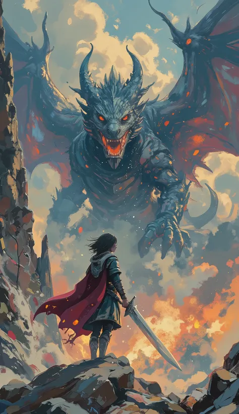 acrylic paint style, heroic female warrior in monster hunter-inspired armor, wielding a massive detailed greatsword with jagged edges and glowing runes, standing face-forward with determined expression, facing a colossal dragon with massive wings and glowi...