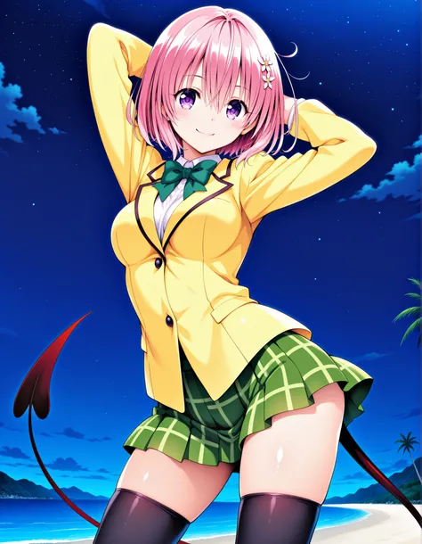 aamomo, short hair, pink hair, hair flower, purple eyes, medium breasts, demon tail, school uniform, green bowtie, white shirt, blazer, yellow jacket, long sleeves, plaid skirt, green skirt, black thighhighs, anime screencap, shiny skin, high quality, solo...