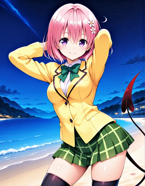 aamomo, short hair, pink hair, hair flower, purple eyes, medium breasts, demon tail, school uniform, green bowtie, white shirt, blazer, yellow jacket, long sleeves, plaid skirt, green skirt, black thighhighs, anime screencap, shiny skin, high quality, solo...