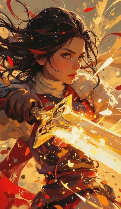 acrylic paint style, dynamic close-up of a fierce female warrior mid-swing, slashing forward with a massive glowing greatsword, intense expression, wind-swept hair, motion blur and flying paint strokes, cinematic angle from below, sharp glowing eyes locked...