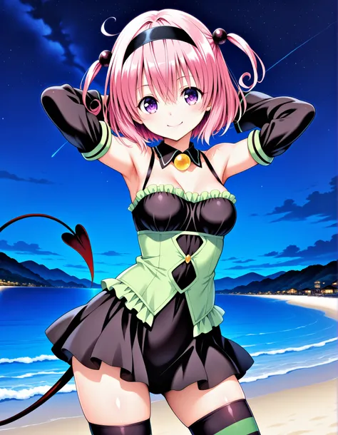aamomo, short hair, pink hair, two side up, black hairband, purple eyes, medium breasts, demon tail, detached collar, bare shoulders, frills, black dress, green shirt, detached sleeves, striped thighhighs, anime screencap, shiny skin, high quality, solo, t...