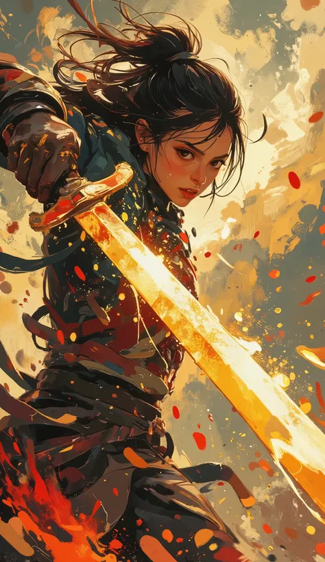 acrylic paint style, dynamic close-up of a fierce female warrior mid-swing, slashing forward with a massive glowing greatsword, motion blur and flying paint strokes, intense expression with a scar on her cheek and muddy face, wind-swept hair, glowing slash...