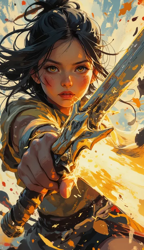 acrylic paint style, dynamic close-up of a fierce female warrior mid-swing, slashing forward with a massive glowing greatsword, motion blur and flying paint strokes, intense expression with a scar on her cheek and muddy face, wind-swept hair, glowing slash...