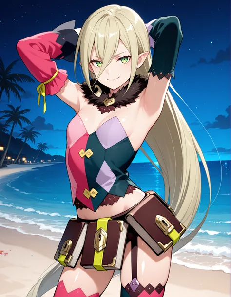 M4gil0u, green eyes, pointy ears, blonde hair, very long hair, hair between eyes, fur collar, multicolored vest, strapless, detached sleeves, mismatched sleeves, book skirt, asymmetrical legwear, thighhighs, garter straps, anime screenshot, shiny skin, hig...