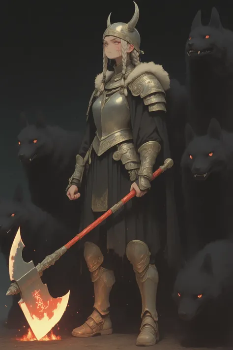 Big Axeを持つ華奢な女闘士(Viking),Although she has a slender figure,、A pose that exudes the strength and confidence of a warrior,自分の背丈ほどの巨大なBig Axeを杖のようにして立っている,Viking風の衣装（Fur or leather、Metal Ornaments、A simple tunic or cape）,大きな戦斧はVikingの象徴的な髭斧で装飾のある斧,長いbraids編み込みヘア,A headband or small helmet,the exposure is modest,Designed with ease of movement and practicality in mind,Carved runes or Nordic motifs on the axe handle,Use animal fangs or bones as part of her outfit,Metal clasps,A frozen forest background that represents a cold climate,To emphasize her slender figure、her armor is light and focused on shoulders and arms、legs,Add scars or mud stains on the cheeks to create a warrior-like look,Slender female warrior,Viking風,Big Axe,Fur costume,braids,Nordic style,Contrast,Staple female warrior stabbing her axe into the ground,背景や小物でVikingらしさを強調して下さい, RPG Character Art ,Extremely detailed character, fantasy style,ＲＰＧfull standing posture,Video game character art  , Very Detailed Line Drawing, full body,James Jean Soft Light 4k, James Jean Softlight 4k, A fantastic anime that feels like a dream, lo-fi anime vibes, Reusch art style