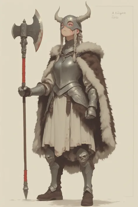 Big Axeを持つ華奢な女闘士(Viking),Although she has a slender figure,、A pose that exudes the strength and confidence of a warrior,自分の背丈ほどの巨大なBig Axeを杖のようにして立っている,Viking風の衣装（Fur or leather、Metal Ornaments、A simple tunic or cape）,大きな戦斧はVikingの象徴的な髭斧で装飾のある斧,長いbraids編み込みヘア,A headband or small helmet,the exposure is modest,Designed with ease of movement and practicality in mind,Carved runes or Nordic motifs on the axe handle,Use animal fangs or bones as part of her outfit,Metal clasps,A frozen forest background that represents a cold climate,To emphasize her slender figure、her armor is light and focused on shoulders and arms、legs,Add scars or mud stains on the cheeks to create a warrior-like look,Slender female warrior,Viking風,Big Axe,Fur costume,braids,Nordic style,Contrast,Staple female warrior stabbing her axe into the ground,背景や小物でVikingらしさを強調して下さい, RPG Character Art ,Extremely detailed character, fantasy style,ＲＰＧfull standing posture,Video game character art  , Very Detailed Line Drawing, full body,James Jean Soft Light 4k, James Jean Softlight 4k, A fantastic anime that feels like a dream, lo-fi anime vibes, Reusch art style