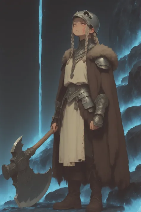 Big Axeを持つ華奢な女闘士(Viking),Although she has a slender figure,、A pose that exudes the strength and confidence of a warrior,自分の背丈ほどの巨大なBig Axeを杖のようにして立っている,Viking風の衣装（Fur or leather、Metal Ornaments、A simple tunic or cape）,大きな戦斧はVikingの象徴的な髭斧で装飾のある斧,長いbraids編み込みヘア,A headband or small helmet,the exposure is modest,Designed with ease of movement and practicality in mind,Carved runes or Nordic motifs on the axe handle,Use animal fangs or bones as part of her outfit,Metal clasps,A frozen forest background that represents a cold climate,To emphasize her slender figure、her armor is light and focused on shoulders and arms、legs,Add scars or mud stains on the cheeks to create a warrior-like look,Slender female warrior,Viking風,Big Axe,Fur costume,braids,Nordic style,Contrast,Staple female warrior stabbing her axe into the ground,背景や小物でVikingらしさを強調して下さい, RPG Character Art ,Extremely detailed character, fantasy style,ＲＰＧfull standing posture,Video game character art  , Very Detailed Line Drawing, full body,James Jean Soft Light 4k, James Jean Softlight 4k, A fantastic anime that feels like a dream, lo-fi anime vibes, Reusch art style