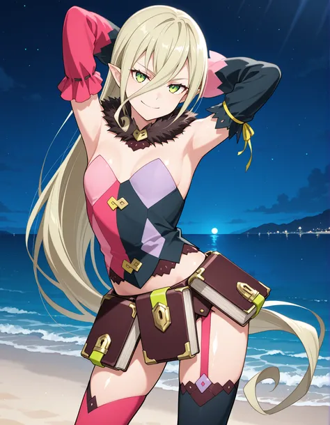 M4gil0u, green eyes, pointy ears, blonde hair, very long hair, hair between eyes, fur collar, multicolored vest, strapless, detached sleeves, mismatched sleeves, book skirt, asymmetrical legwear, thighhighs, garter straps, anime screenshot, shiny skin, hig...
