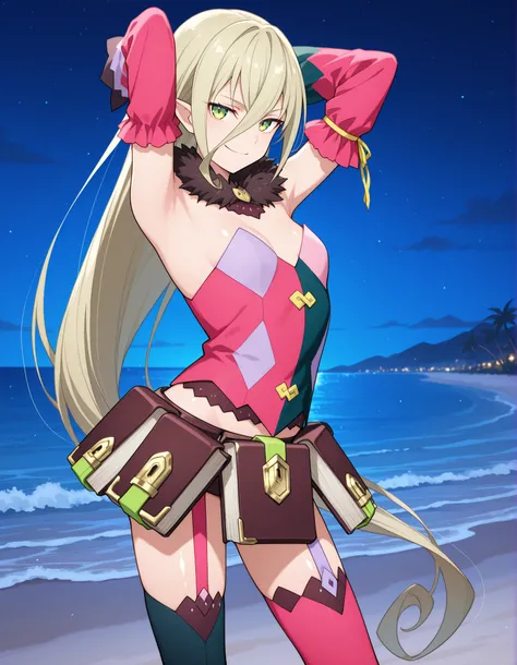 M4gil0u, green eyes, pointy ears, blonde hair, very long hair, hair between eyes, fur collar, multicolored vest, strapless, detached sleeves, mismatched sleeves, book skirt, asymmetrical legwear, thighhighs, garter straps, anime screenshot, shiny skin, hig...