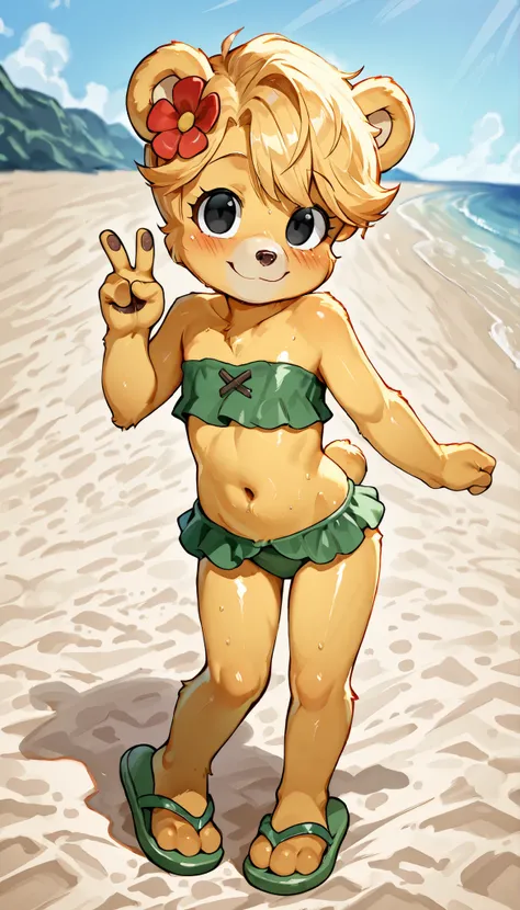 score_9, score_8_up, score_7_up, (masterpiece, best quality, very aesthetic, absurdres, source furry, shaded, 1girl, bear, furry female, Sunni Gummi, young, black eyes, smile, blush, blonde hair, messy bangs, bear features, bear ears, bear tail, yellow bod...
