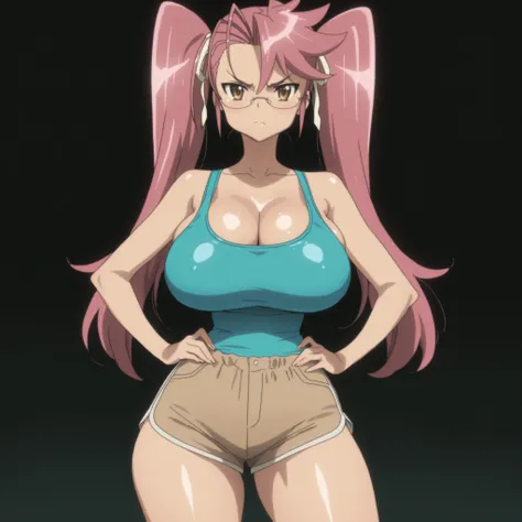 masterpiece, ultra-HD, impressionism, high detail, dynamic lighting, best quality, very aesthetic, 8k, best quality, beautiful, shiny skin, 1girl, solo, saya takagi, long hair, ribbon, twintails, brown eyes, hair ribbon, pink hair, glasses, huge breasts, n...