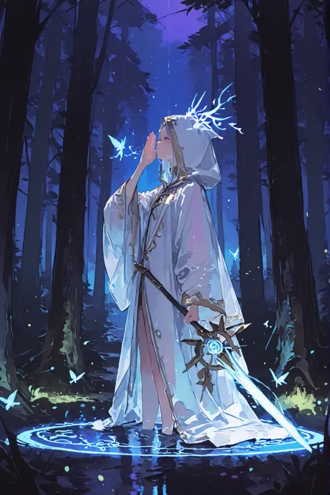 점수_9, 점수_8_위로, 점수_7_위로, Solo, Watercolor, (master piece), handsome, best quality, perfect face, In a mystical forest at night, small glowing fairies the size of fireflies or butterflies flutter gently around. Their bodies are tiny specks of light with fain...