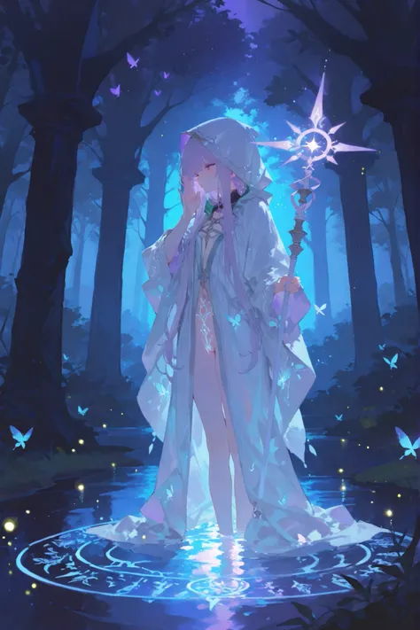 점수_9, 점수_8_위로, 점수_7_위로, Solo, Watercolor, (master piece), handsome, best quality, perfect face, In a mystical forest at night, small glowing fairies the size of fireflies or butterflies flutter gently around. Their bodies are tiny specks of light with fain...