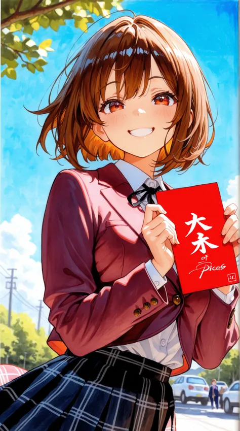 1girl, brown hair,Loose and fluffy bob,Maroon Blazer 、black ribbon、Check Skirt、background is blue sky、pieces with both hands、expression of joy、has a smiling face、depth of field, fake traditional media, Picturesque, Impressionism, masterpiece, high score, ...