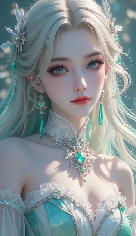 (masterpiece, detailed:1.2), Voluptuous woman, fierce woman, gradient hair, long hair, voluminous hair, aqua eyes, gentle smile, glossy lips, gothic, thick eyelash , blond hair, green gradient highlight, light hair, multicolored hair, colored inner hair, (...
