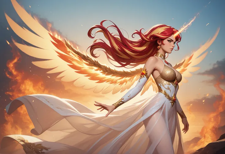 1girl, descending from the sky like an angel, Sunset Shimmer, daydream shimmer, wearing a long flowing dress, sheer silk dress, transparent clothing, clothes on fire, hair on fire, upswept hair, ethereal unicorn horn on her forehead, ethereal wings spreadi...