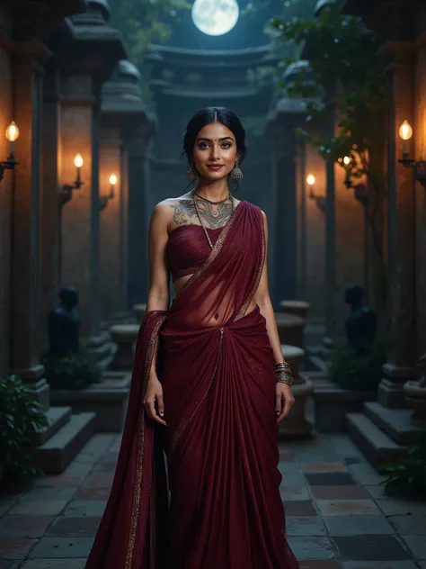 In a moonlit temple courtyard, a Indian woman poses in a full frontal portrait, from head to thighs, draped in a deep maroon saree that shimmers softly in the cool night light. Her blouse is tight, sleeveless, hugging her frame and revealing a graceful flo...