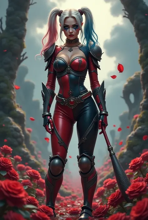 Harley Quinn styled as a dark fantasy queen warrior, corset-like armor, holding dual colored baseball bat, standing on a battlefield of roses and chaos, twisted fairytale vibe